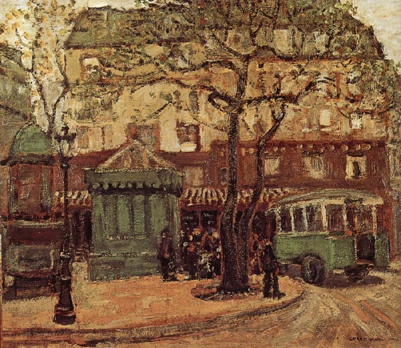 Grant Wood Greenish Bus in Street of Paris France oil painting art